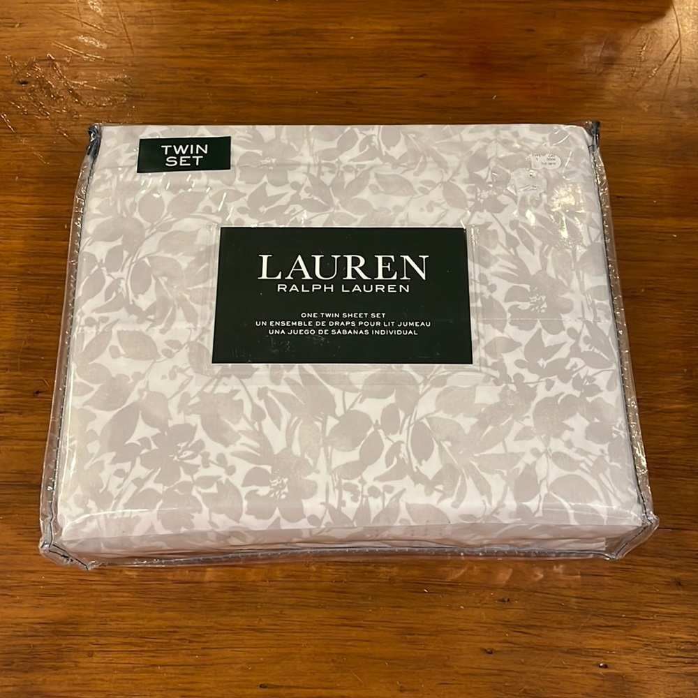 Ralph Lauren Twin Bed Floral Sheet Set Flat Fitted Pillowcase new grey white